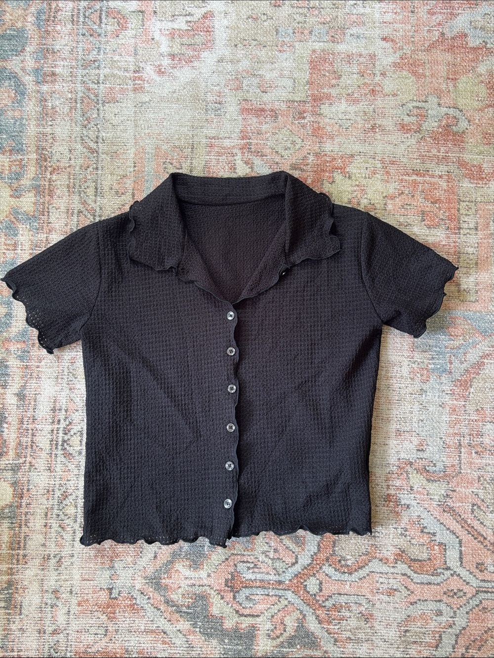Ruffle Black Short-Sleeve Button Front Top